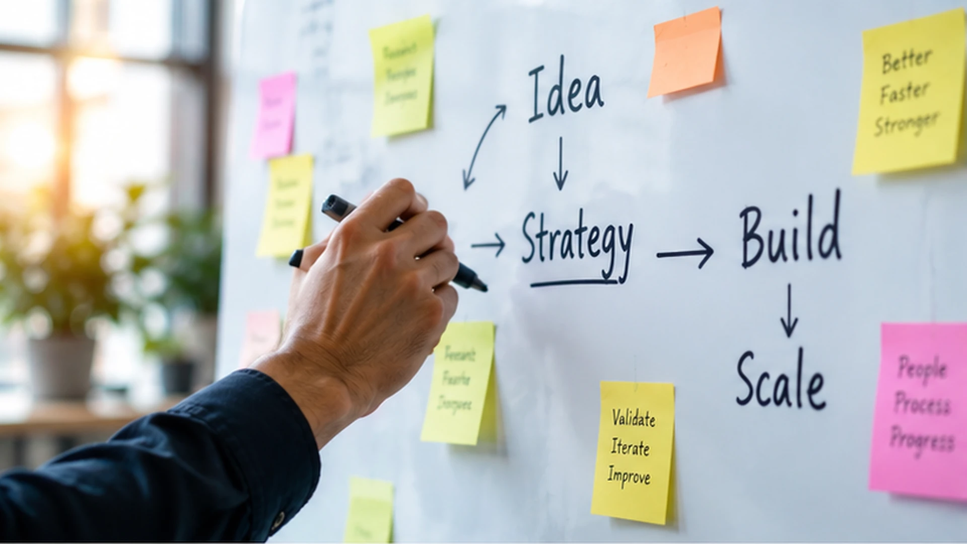 Hand mapping an idea-to-strategy roadmap on a whiteboard