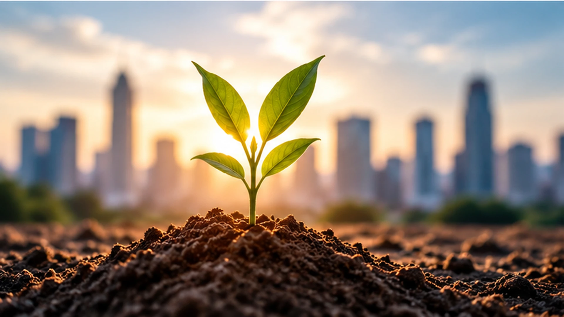 Young plant growing with a city skyline in the background